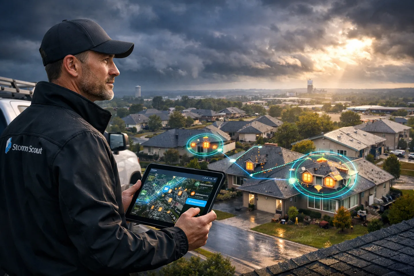 Storm Scout scan view targeting storm-hit roofs in a neighborhood